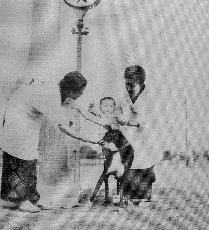 台灣舊雜誌的照片顯示,日本婦女帶幼兒與寵物狗外出。